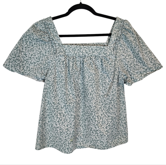 Draper James Maren Top Square Neck Sage Green Floral Pleated Cotton Stretch sz S - Picture 1 of 9